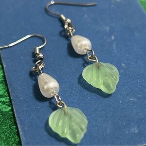 Green and pearl glass Leaf Earrings